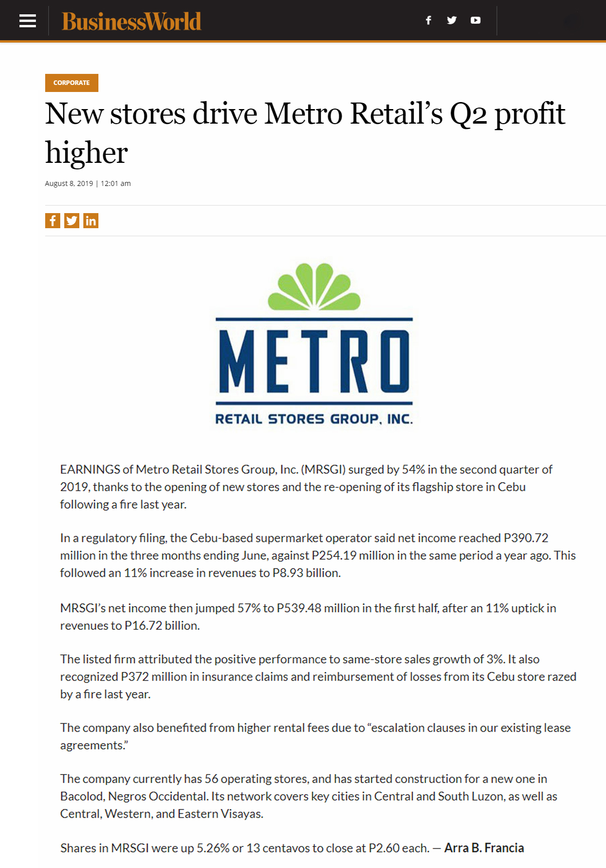 August 8 2019 New stores drive Metro Retails Q2 profit higher Business World www.bworldonline.com