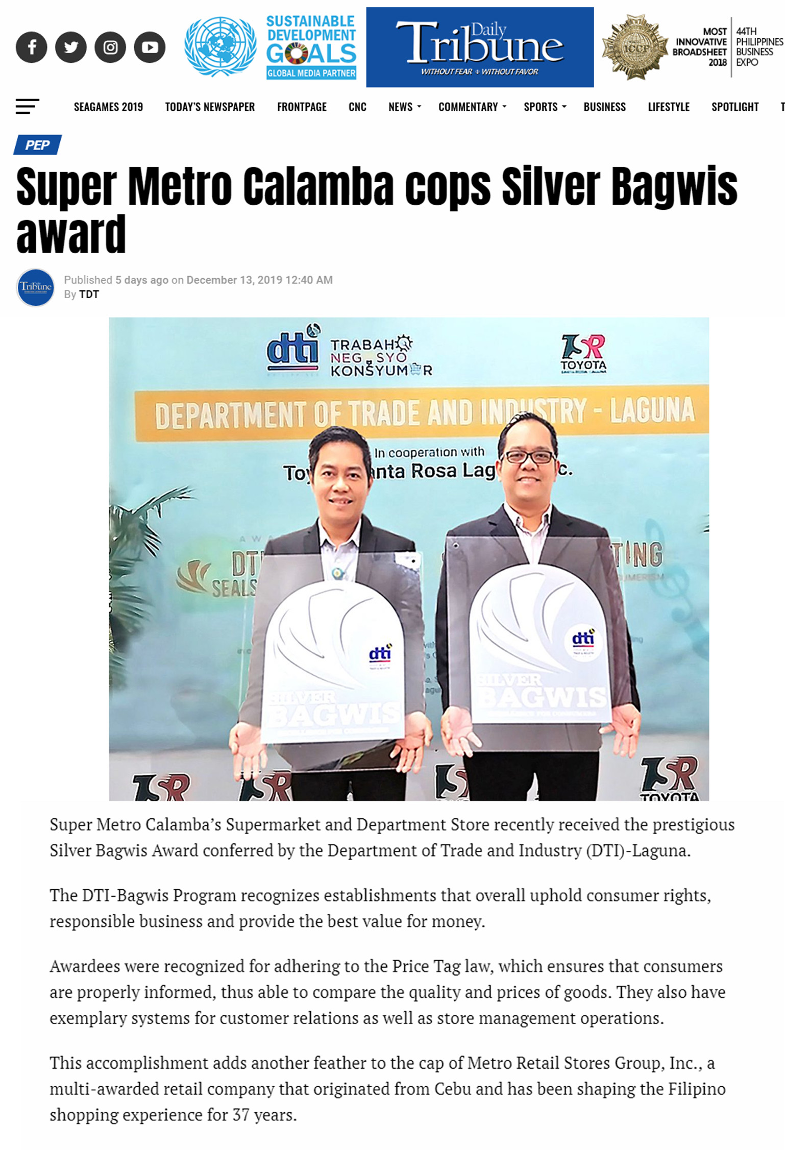 December 13 2019 Super Metro Calamba cops Silver Bagwis award Philippines Daily Tribunewww.tribune.net.ph