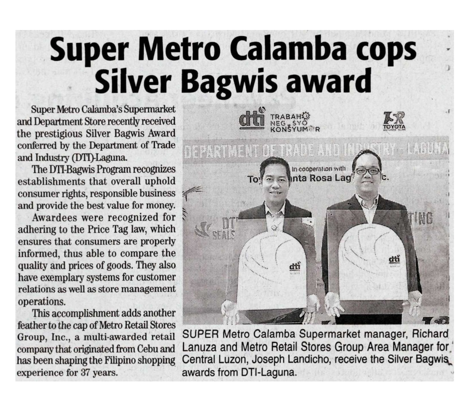 December 13 2019 Super Metro Calamba cops Silver Bagwis award The Daily Tribune