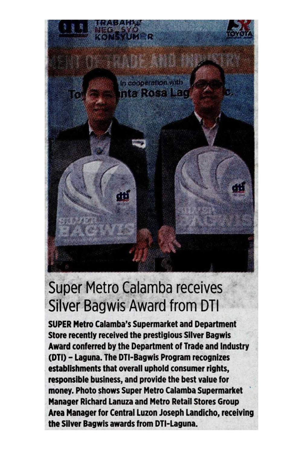 December 3 2019 Super Metro Calamba receives Silver Bagwis Award from DTI Business World