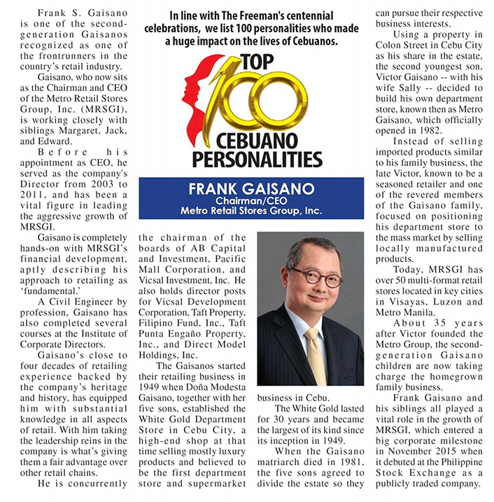 Frank Gaisano one of the top 100 Cebuano Personalities