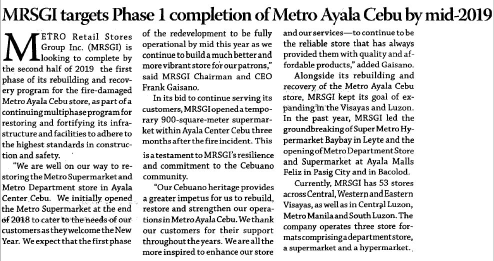 MRSGI targets Phase 1 completion of Metro Ayala Cebu by mid 2019 Business Mirror