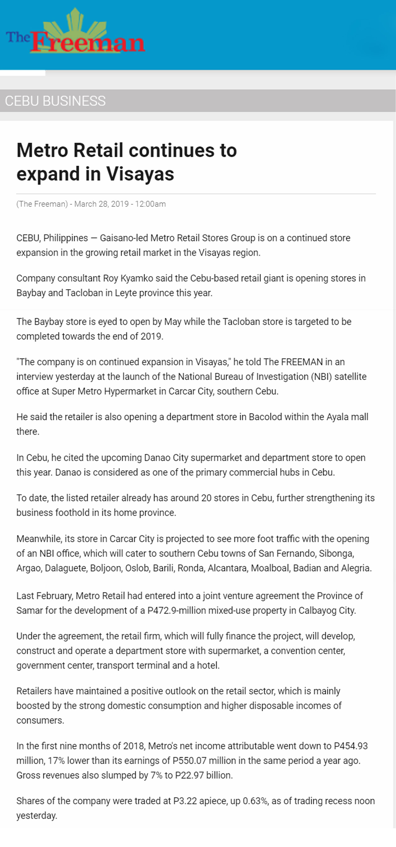 March 28 2019 Metro Retail continues to expand in Visayas The Freeman www.philstar.com