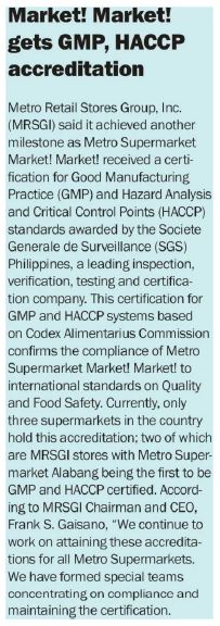 Market Market gets GMP HACCP accreditation Manila Bulletin Sunday