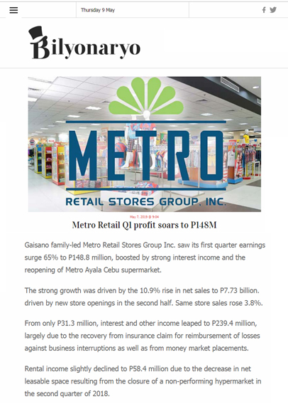 Metro Retail Q1 profit soars to P148M Bilyonaryo www.bilyonaryo.com.ph