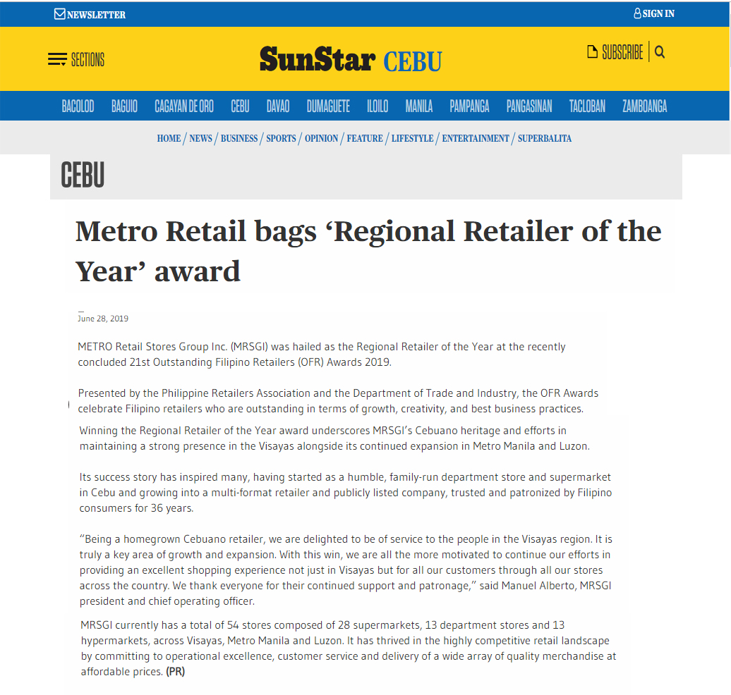 Metro Retail bags Regional Retailer of the Year award Sun Star Networkwww.sunstar.com.ph