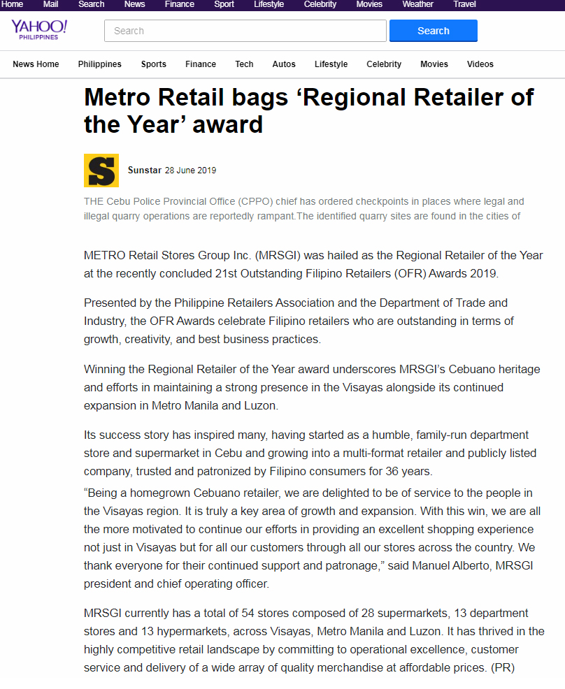 Metro Retail bags Regional Retailer of the Year award Yahoo News www.ph.news.yahoo.com