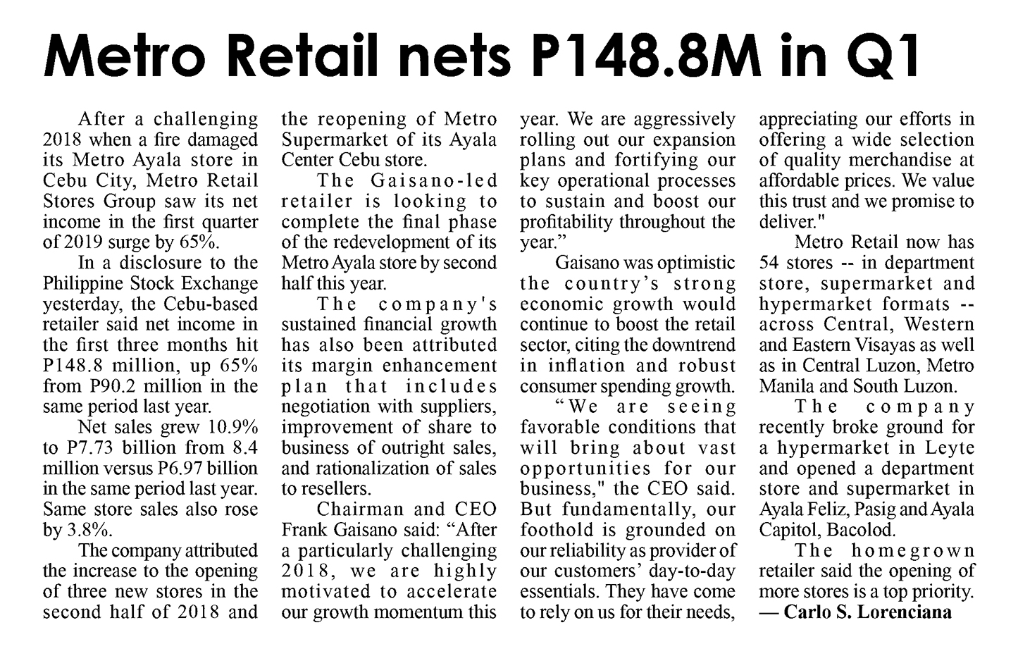 Metro Retail nets P148.8M in Q1