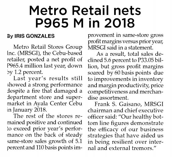Metro Retail nets P965 M in 2018 The Philippine Star
