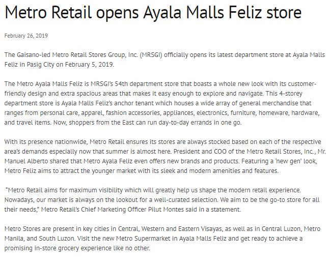 Metro Retail opens Ayala Malls Feliz store www.malaya.com.ph