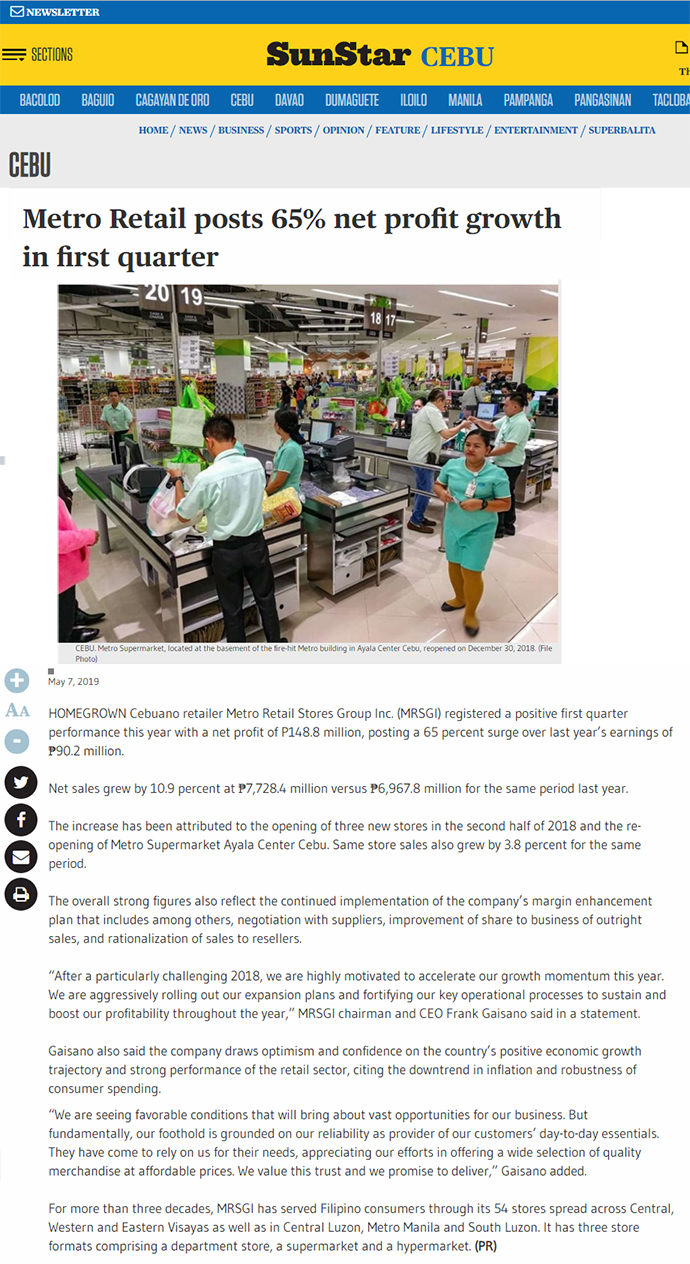 Metro Retail posts 65 net profit growth in first quarter Sun Star Networkwww.sunstar.com.ph