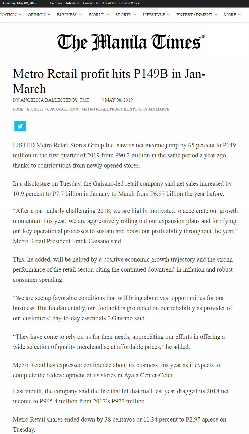 Metro Retail profit hits P149B in Jan March Manila Timesmanilatimes.net