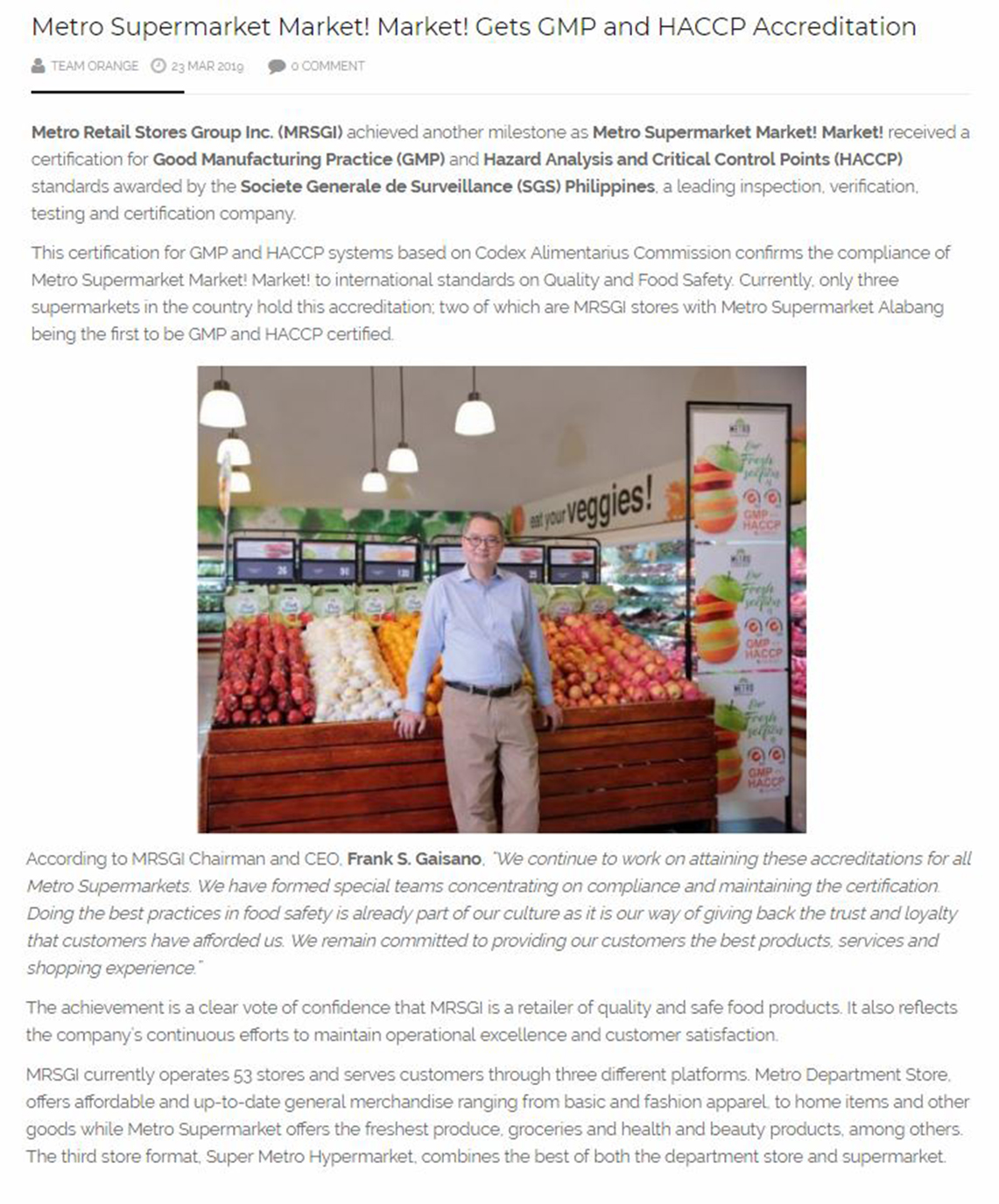 Metro Supermarket Market Market Gets GMP and HACCP Accreditation Orange Magazine www.orangemagazine.ph