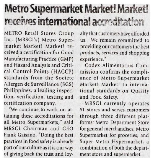Metro Supermarket Market market receives international accreditation Manila Times