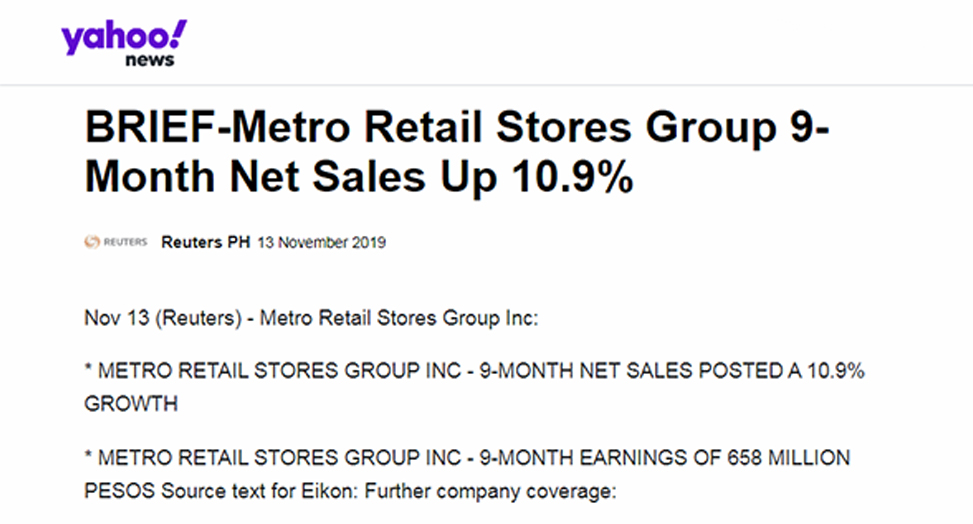 November 13 2019 BRIEF Metro Retail Stores Group 9 Month Net Sales Up 10.9 Yahoo News www.ph.news.yahoo.com