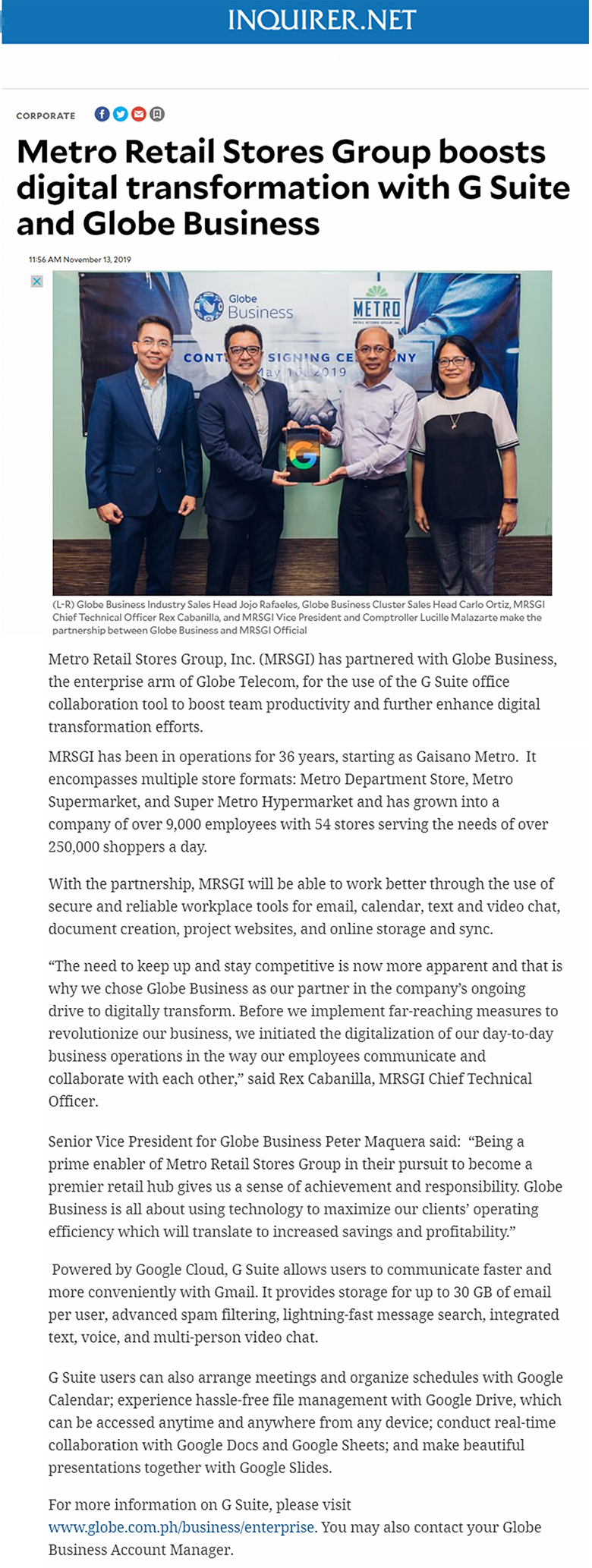November 13 2019 Metro Retail Stores Group boosts digital transformation with G Suite and Globe Philippine Daily Inquirerwww.inquirer.net