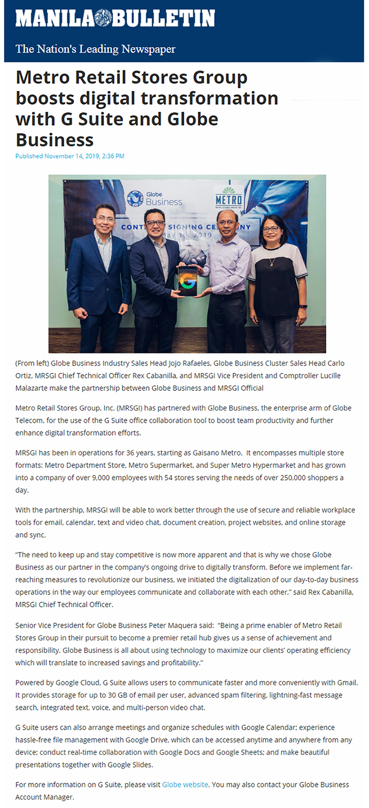 November 14 2019 Metro Retail Stores Group boosts digital transformation with G Suite and Globe Manila Bulletinwww.mb.com.ph