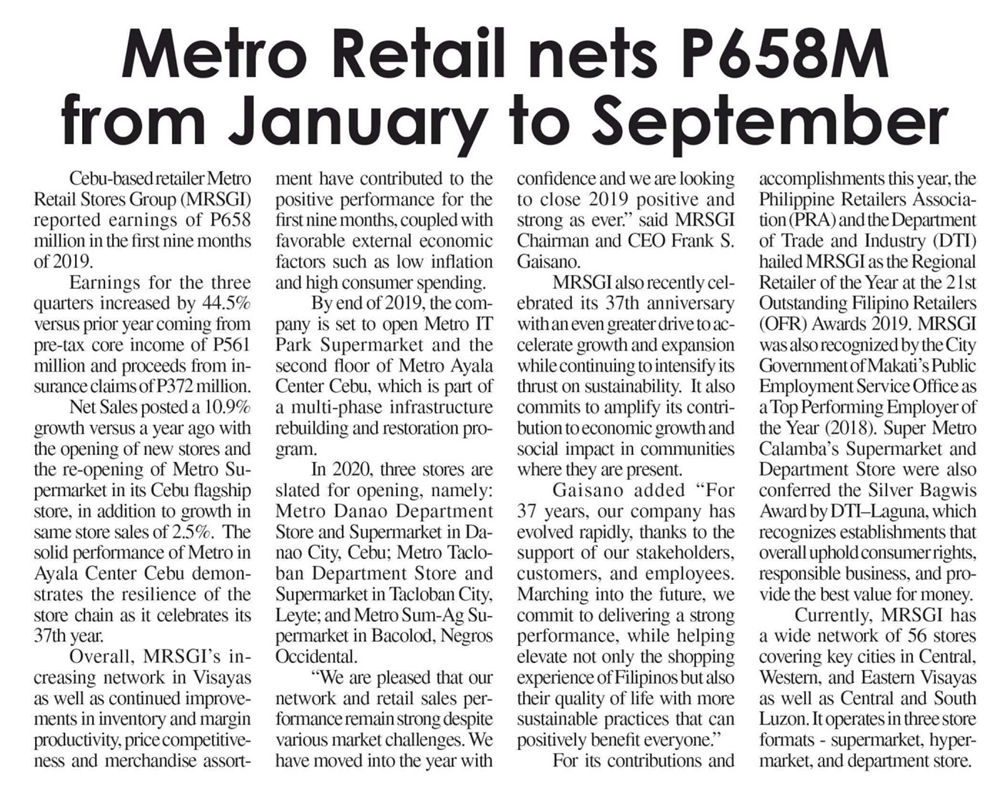 November 14 2019 Metro Retail nets P658M from January to September The Freeman