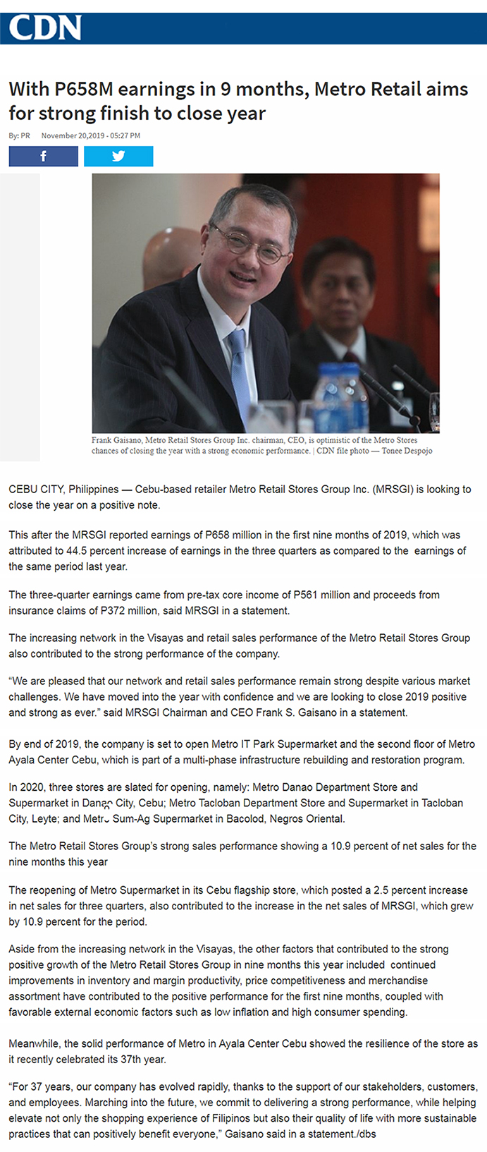 November 20 2019 With P658M earnings in 9 months Metro Retail aims for strong finish to close year Philippine Daily Inquirerwww.inquirer.net