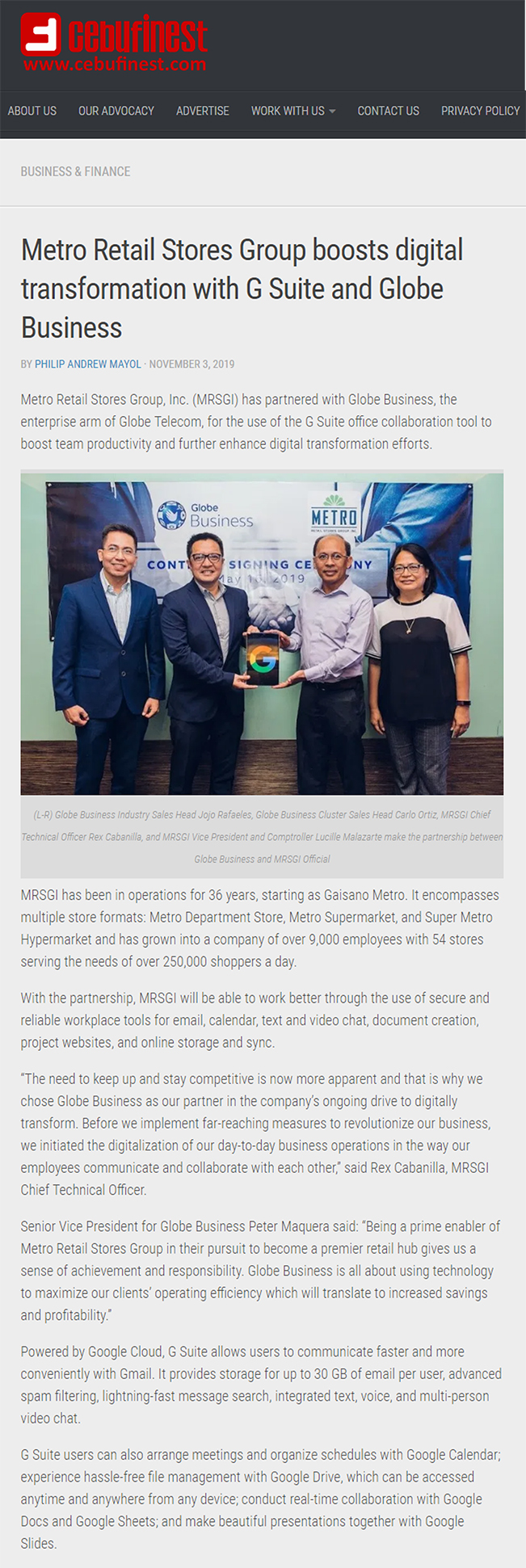 November 3 2019 Metro Retail Stores Group boosts digital transformation with G Suite and Globe Cebufinest www.cebufinest.com