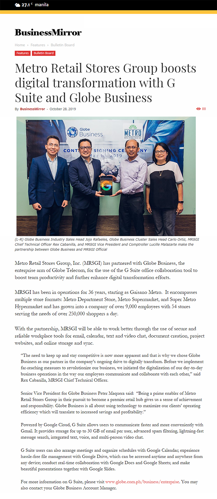 October 28 2019 Metro Retail Stores Group boosts digital transformation with G Suite and Globe Business Mirror www.businessmirror.com.ph