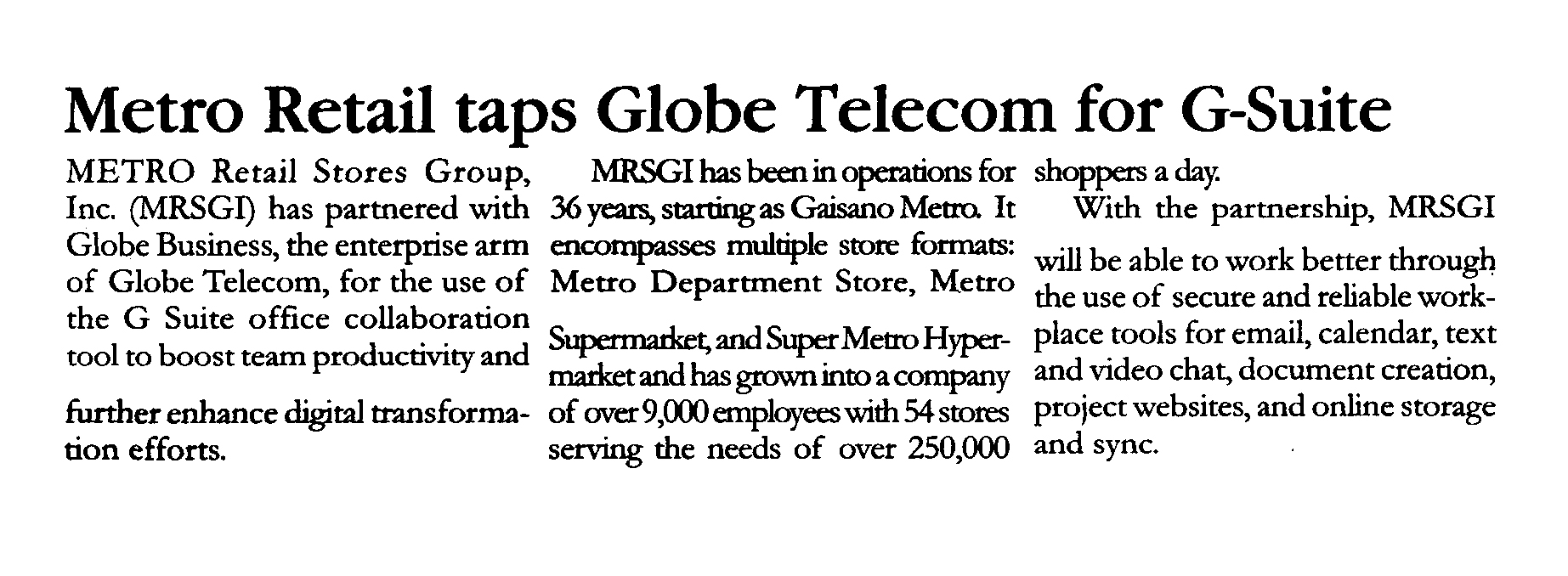 October 29 2019 Metro Retail taps Globe Telecom for G Suite Malaya