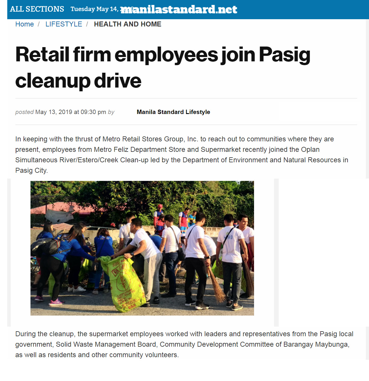 Retail firm employees join Pasig cleanup drive Manila Standard Philippines www.thestandard.com.ph