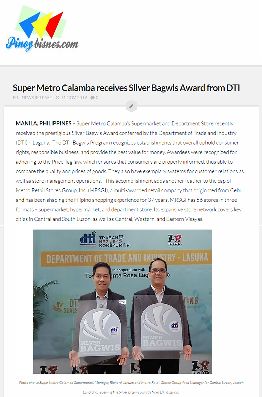 Super Metro Calamba receives Silver Bagwis Award from DTI Pinoy Bisnes Ideas www.pinoybisnes.com
