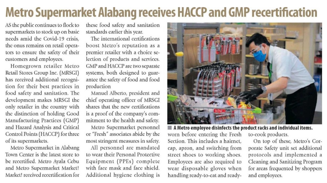 August 11 2020 Metro Supermarket Alabang receives HACCP and GMP recertification Manila Times