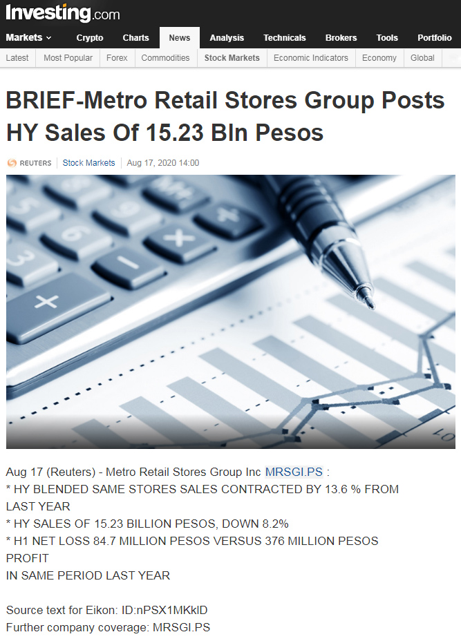 August 17 2020 BRIEF Metro Retail Stores Group Posts HY Sales Of 15.23 Bln Pesos Investing.com Philippines www.ph.investing.com