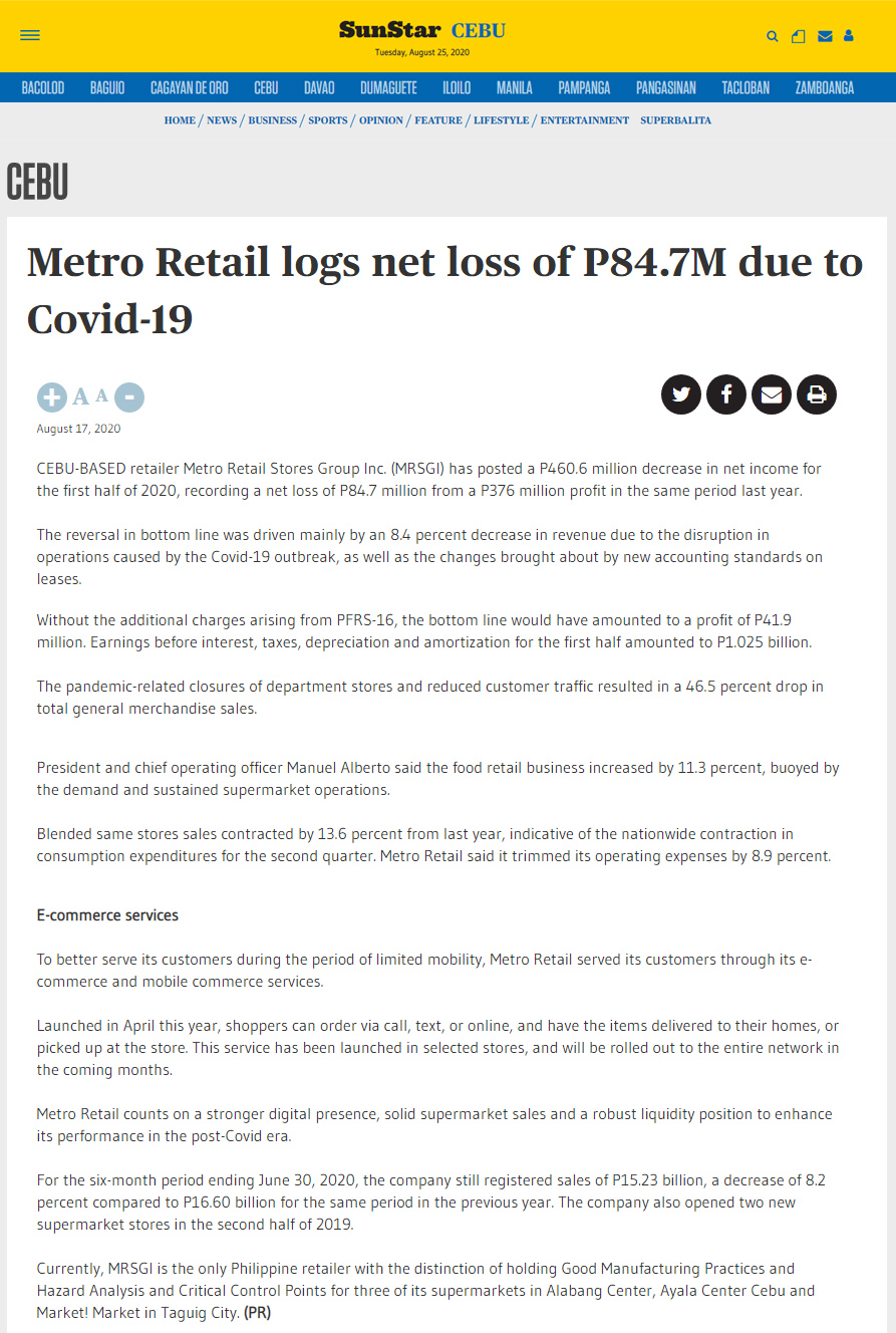 August 17 2020 Metro Retail logs net loss of P84.7M due to Covid 19 Sun Star Networkwww.sunstar.com.ph