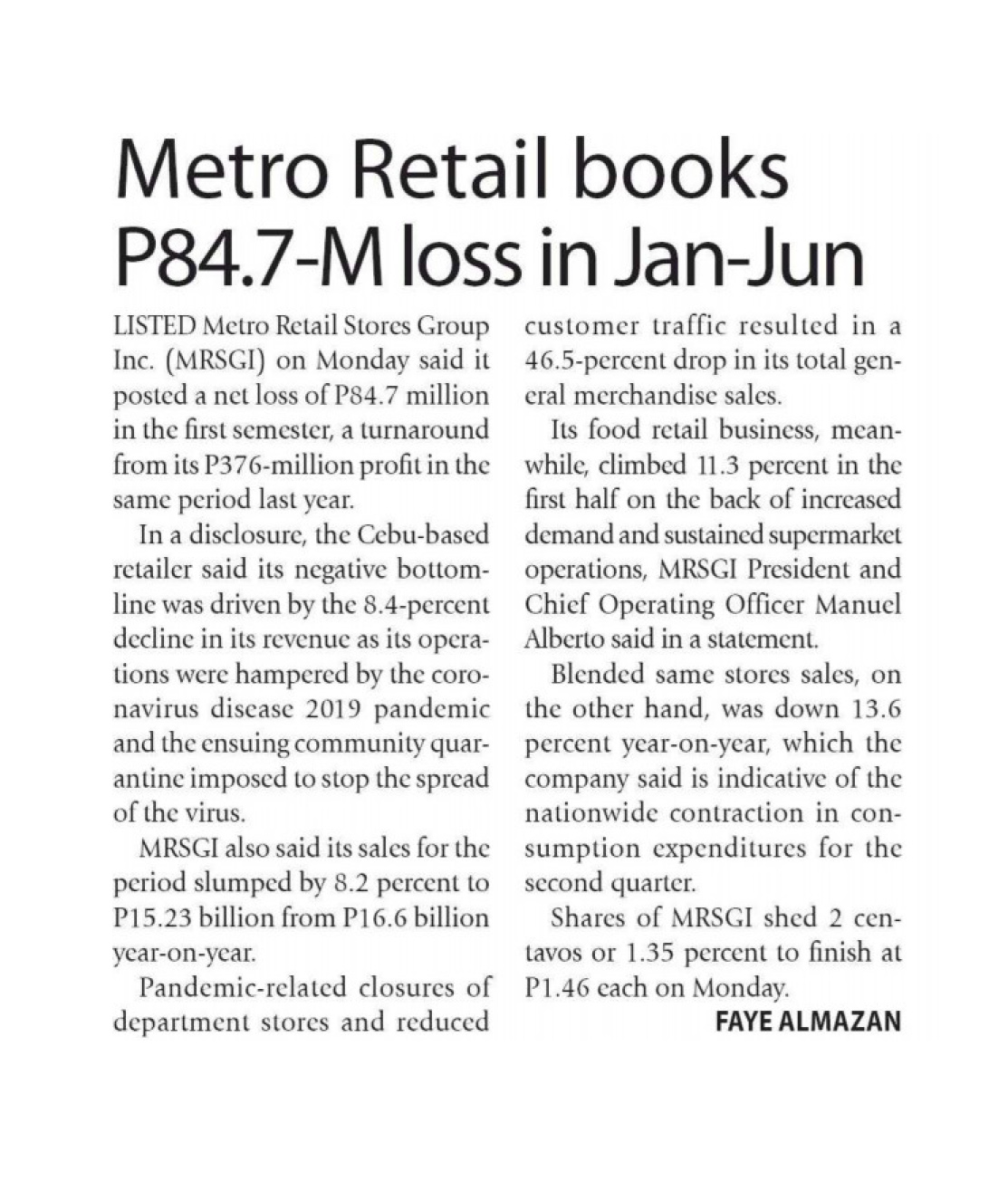 August 18 2020 Metro Retail books P84.7 M loss in Jan Jun Manila Times