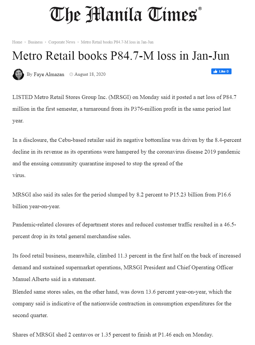 August 18 2020 Metro Retail books P84.7 M loss in Jan Jun Manila Timesmanilatimes.net