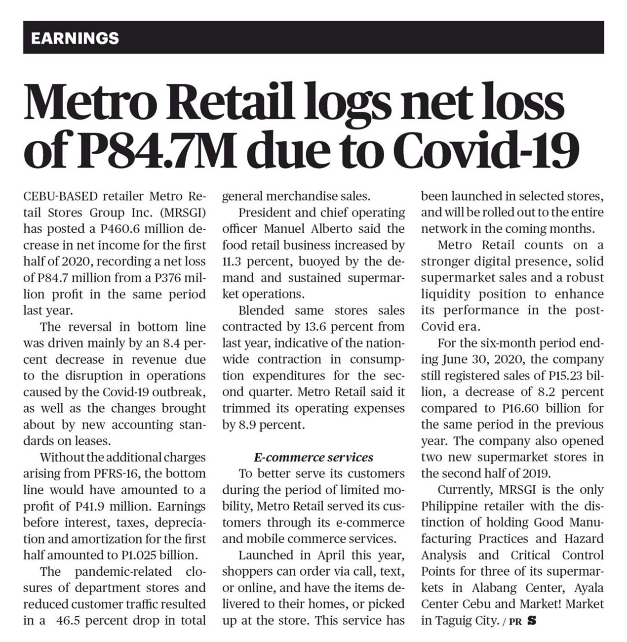 August 18 2020 Metro Retail logs net loss of P84.7M due to Covid 19 Sun Star Cebu
