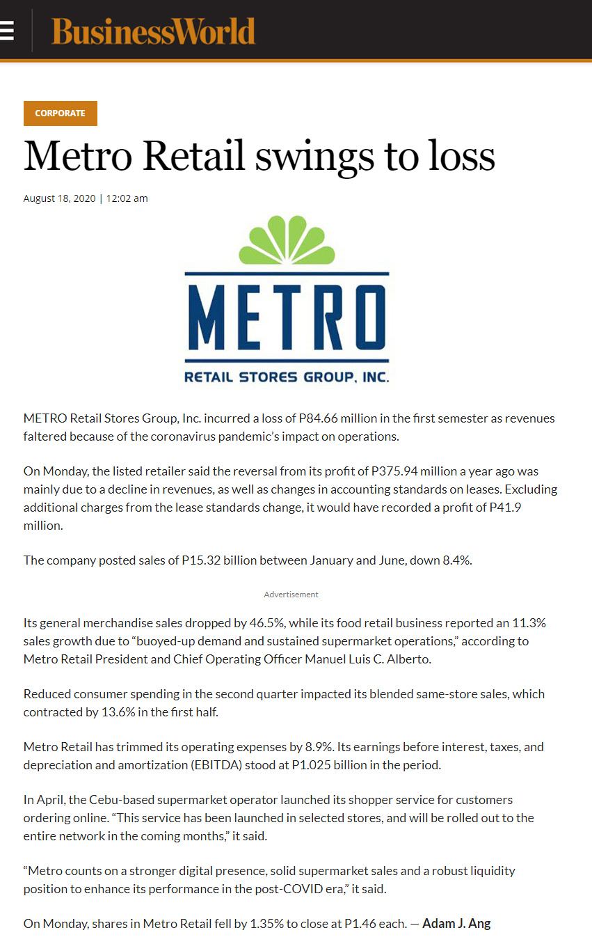 August 18 2020 Metro Retail swings to loss Business World www.bworldonline.com