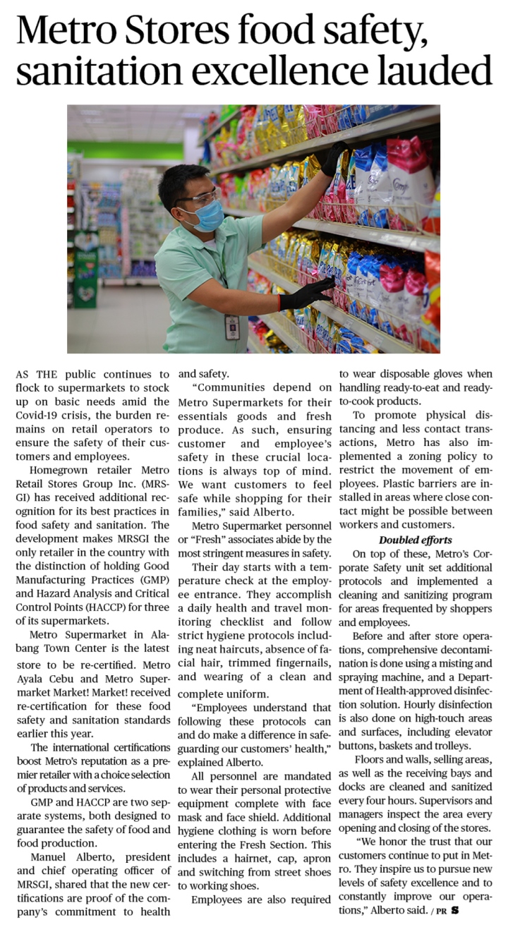 CAugust 8 2020 Metro Stores food safety sanitation excellence lauded Sun Star Cebu2 