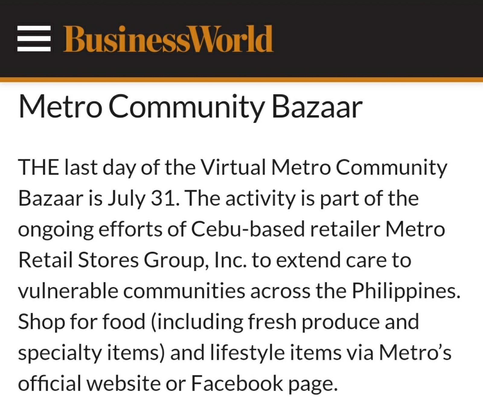 July 31 2020 Metro Community Bazaar Business Word bworldonline.com