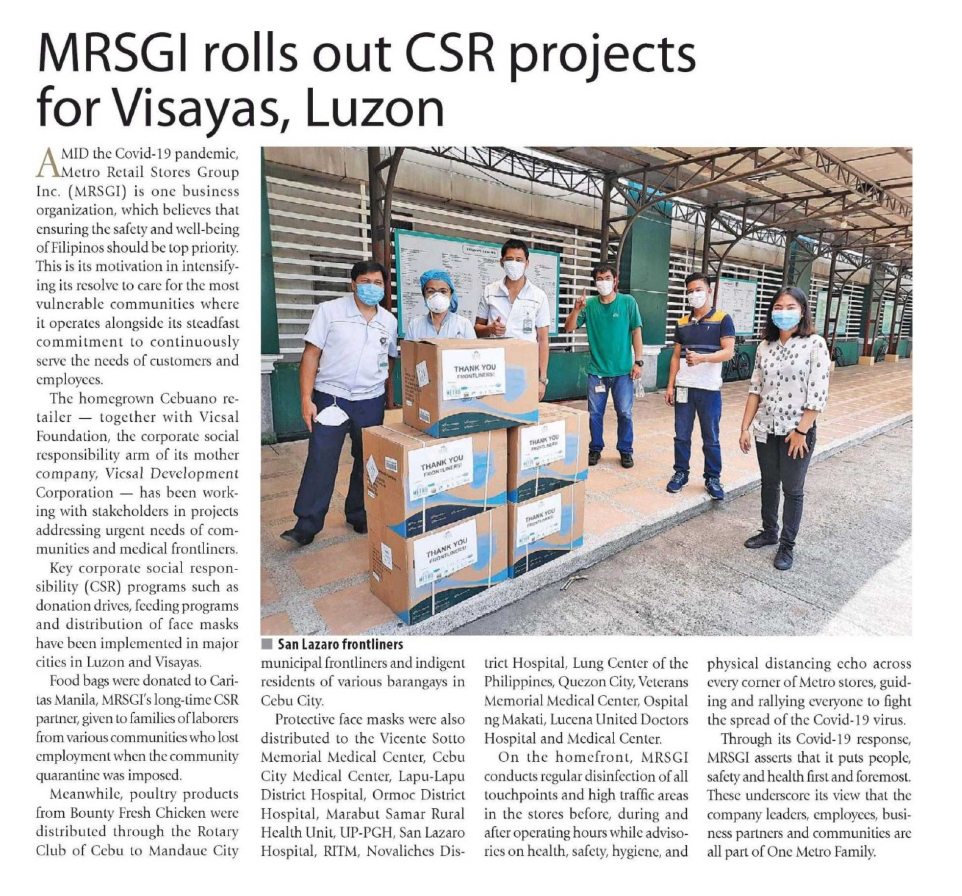 June 13 2020 MRSGI rolls out CSR projects for Visayas Luzon Manila Times