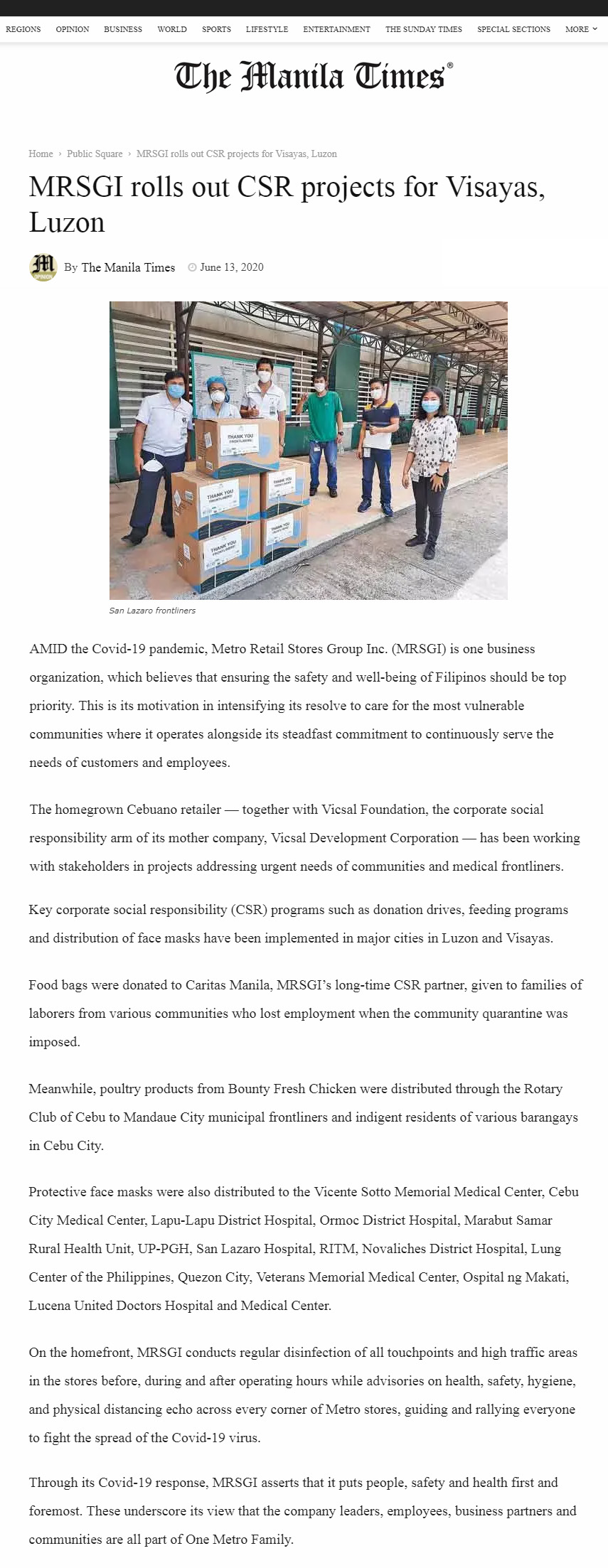 June 13 2020 MRSGI rolls out CSR projects for Visayas Luzon manilatimes.net