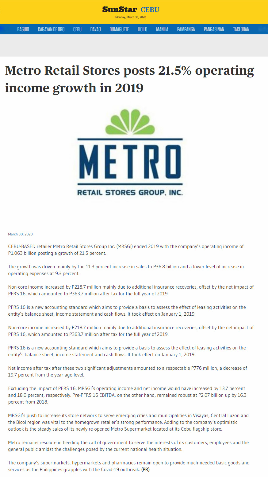 March 30 2020 Metro Retail Stores posts 21.5 operating income growth in 2019 Sun Star Network www.sunstar.com.ph