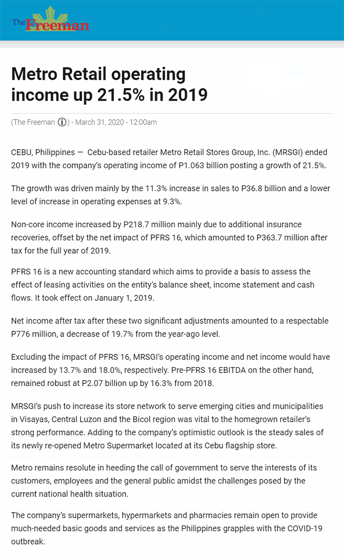 March 31 2020 Metro Retail operating income up 21.5 in 2019 The Freeman www.philstar.com