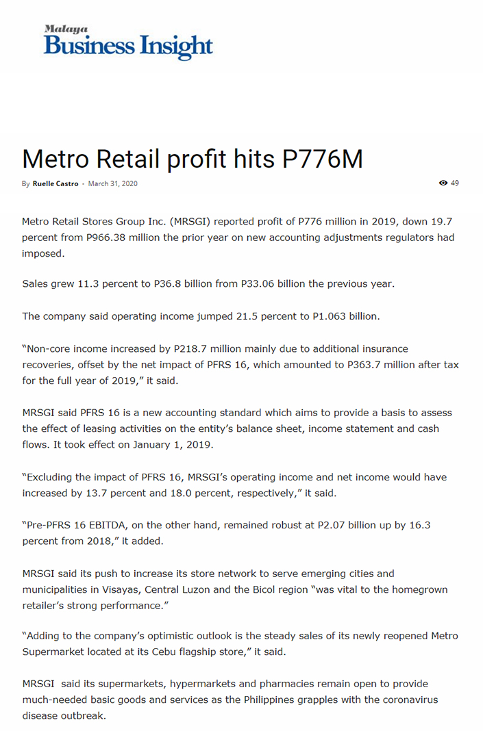 March 31 2020 Metro Retail profit hits P776M Malaya Business Insight malaya.com.ph
