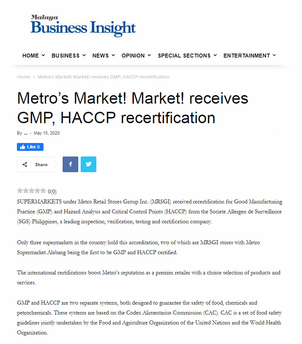 May 15 2020 Metros Market Market receives GMP HACCP recertification Malaya Business Insightwww.malaya.com.ph