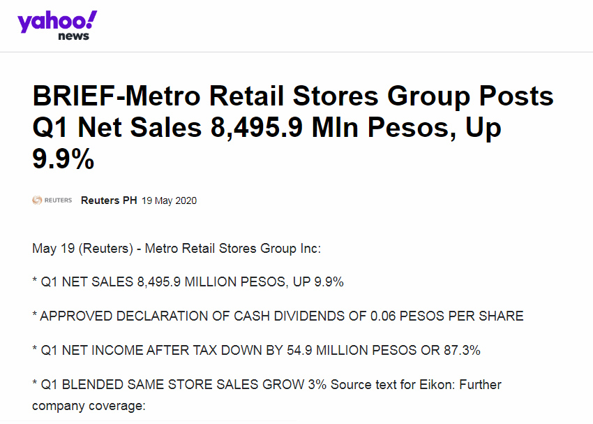 May 19 2020 BRIEF Metro Retail Stores Group Posts Q1 Net Sales 8495.9 Mln Pesos Up 9.9 Yahoo News www.ph.news.yahoo.com