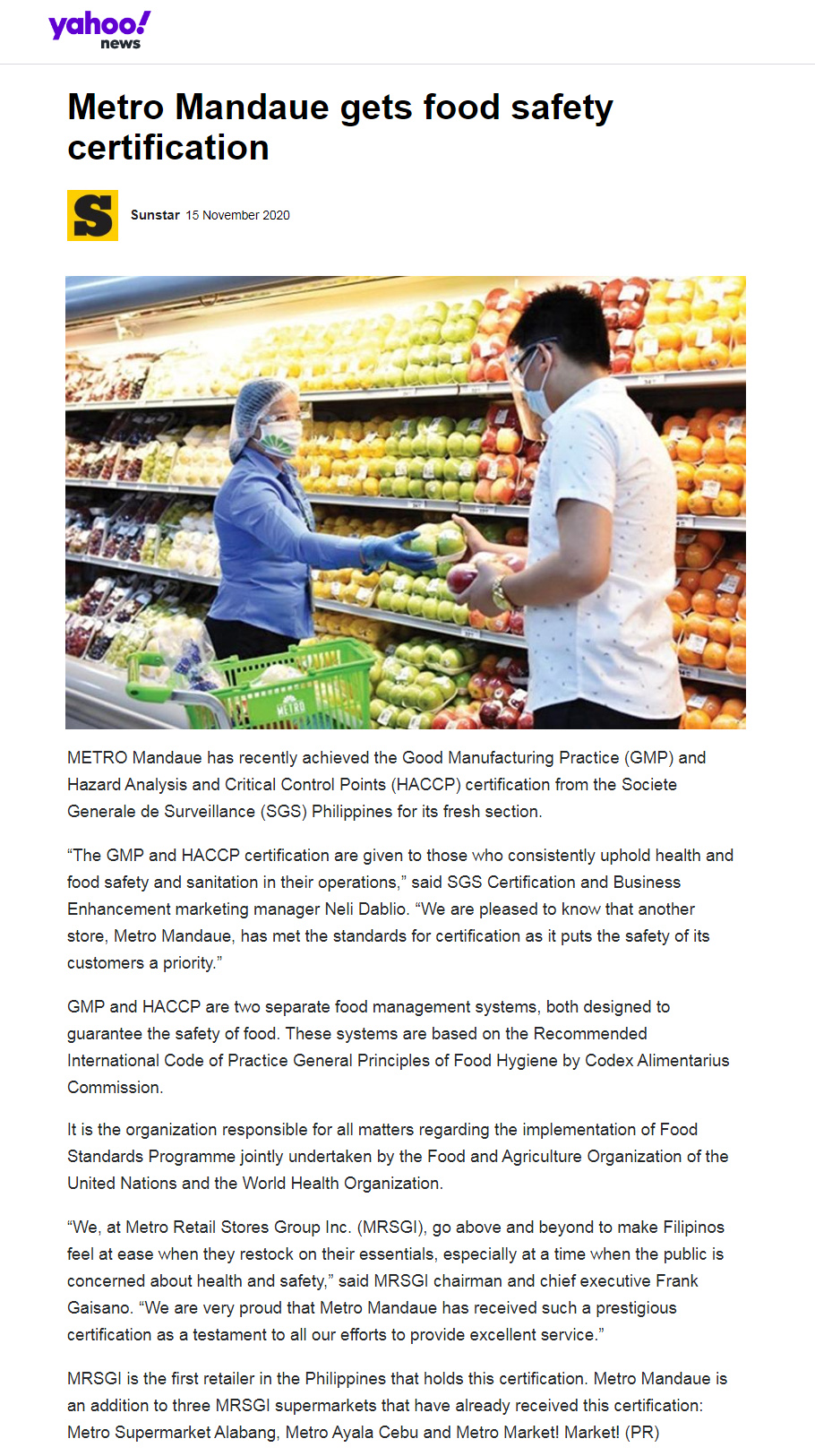 November 15 2020 Metro Mandaue gets food safety certification Yahoo News ph.news.yahoo.com