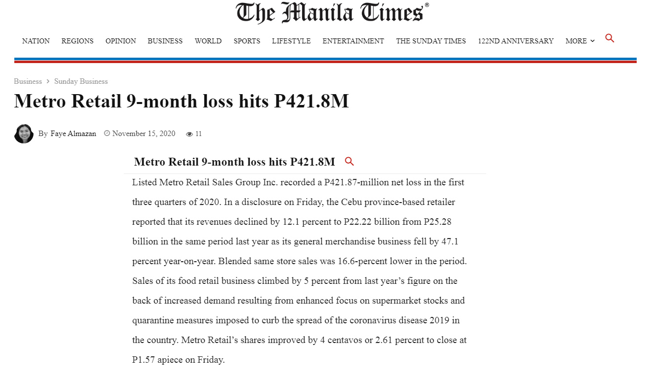 November 15 2020 Metro Retail 9 month loss hits P421.8M The Manila Times www.manilatimes.net