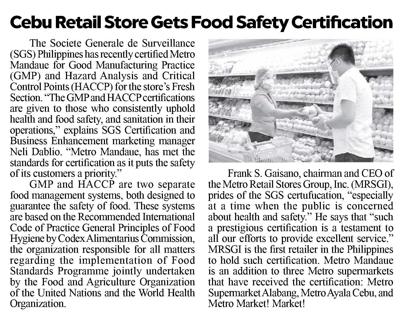 November 21 2020 Cebu Retail Store Gets Food Safety Certification The Freeman