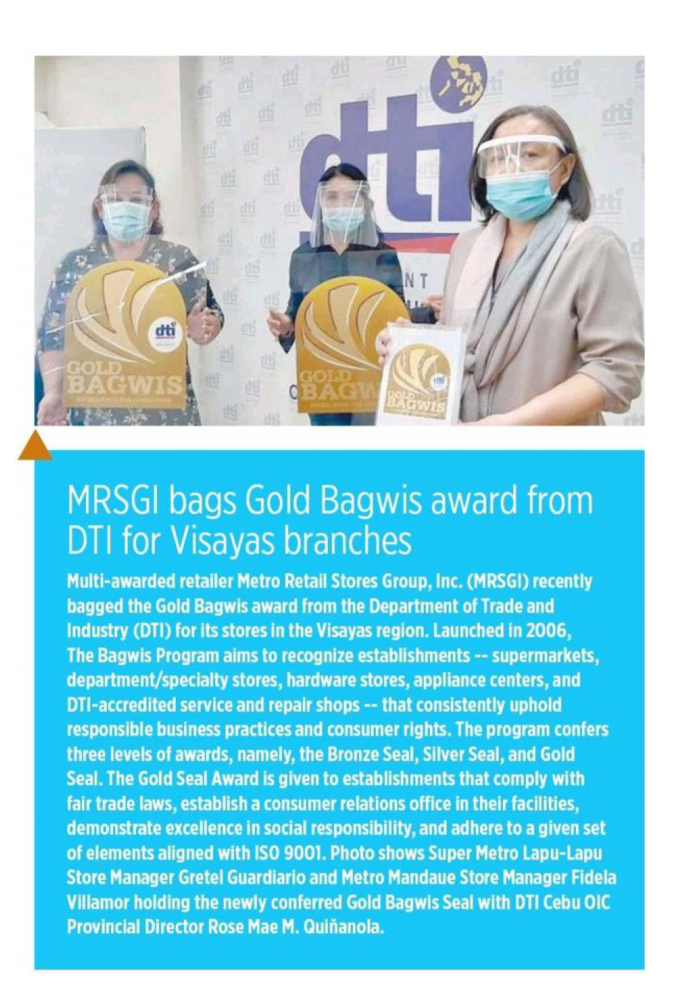 October 19 2020 MRSGI bags Gold Bagwis ayvard from DTI for Visayas branches Business World