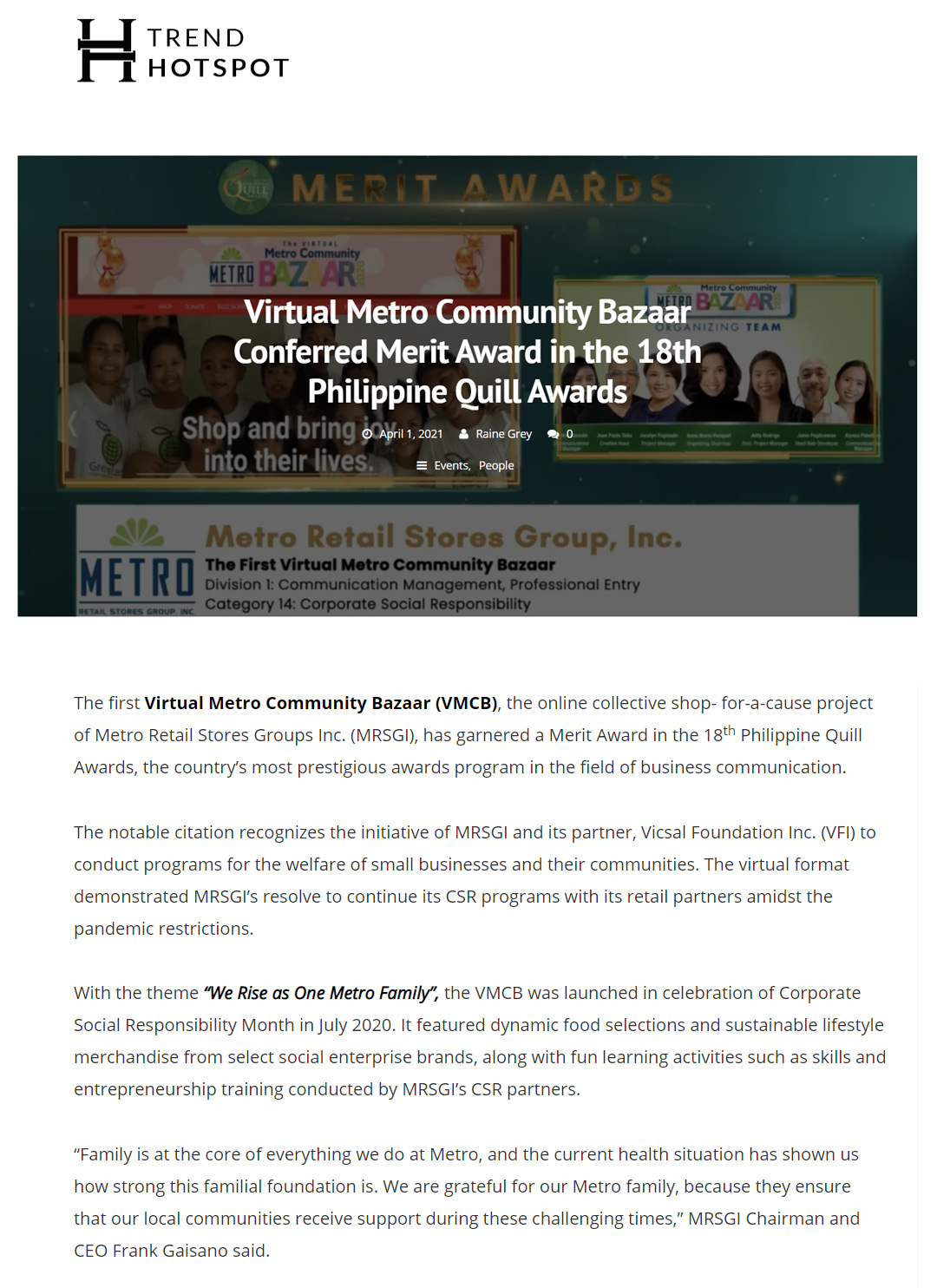 April 7 2021 Virtual Metro Community Bazaar Conferred Merit Award in the 18th Philippine Quill Awards Trend Hotspot