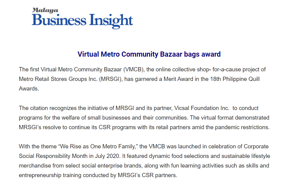 April 7 2021 Virtual Metro Community Bazaar bags award Malaya Business Insight